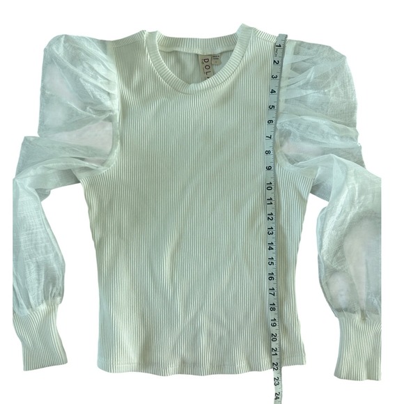 Anthropologie Dolan Sheer Puff Sleeve Ribbed Top Sweater Organza Ivory White‎ S - Picture 11 of 15